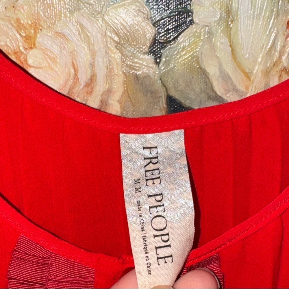 Free People Y2K NEW Red Ribbons Pleated Cami Tank Flowy Semi Sheer Size M - Picture 4 of 6